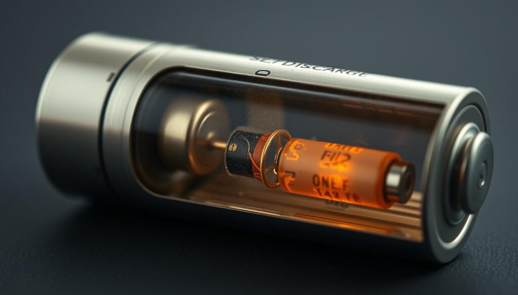 A close-up view of a partially discharged battery, showcasing the chemical process of self-discharge. The battery casing is shown in a neutral metallic tone, with the interior components visible through a transparent section. The electrochemical reactions within the battery are depicted through a subtle glow and discoloration, illustrating the gradual loss of charge over time. The image is captured in a soft, muted lighting setup, emphasizing the intricate details and the natural deterioration of the battery's power. The overall composition conveys a sense of technical understanding and the gradual depletion of energy within an unused battery.