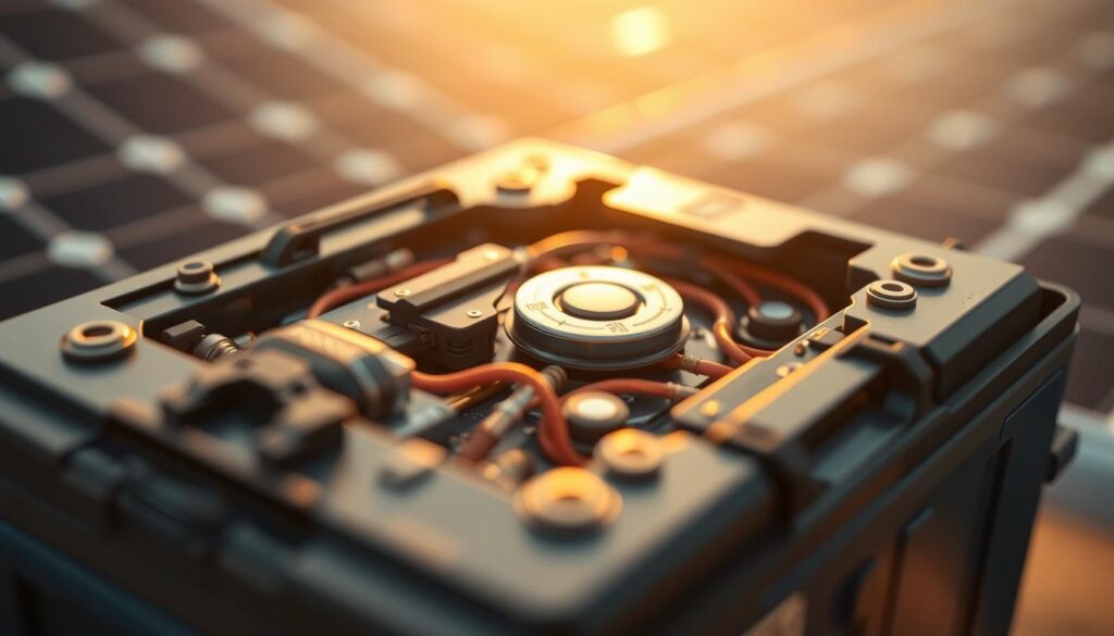 A detailed close-up of a solar battery's internal components, showcasing its intricate structure and highlighting the key factors that contribute to its lifespan. The image should be captured with a shallow depth of field, keeping the foreground battery in sharp focus while the background fades into a soft, blurred bokeh. Utilize warm, golden lighting to convey a sense of reliability and durability, with subtle shadows and highlights accentuating the battery's contours. The composition should strike a balance between technical detail and artistic presentation, conveying the battery's importance and functionality within the context of a solar power system.