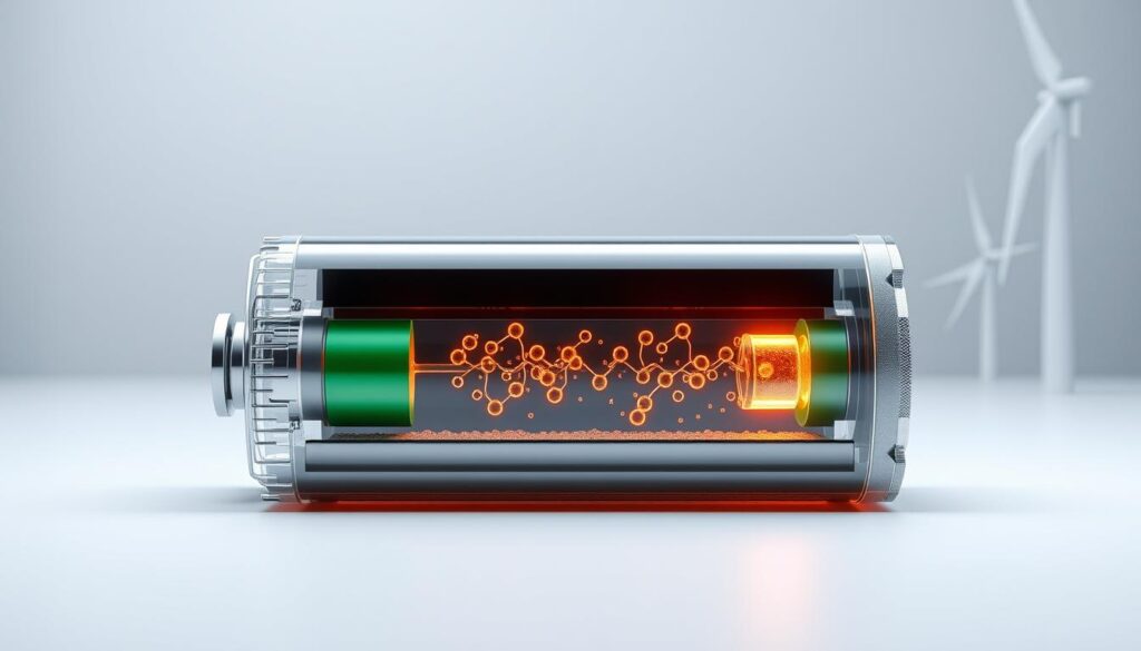 A detailed cross-section view of a lithium-ion battery, showcasing its internal components and functioning. The foreground features the battery's layered structure, with the anode, cathode, and electrolyte clearly visible. The middle ground highlights the chemical reactions occurring during charge and discharge cycles, with ions moving between the electrodes. The background depicts a grid-like power distribution system, representing the battery's integration into a renewable energy setup. The lighting is clean and technical, emphasizing the precision engineering of the battery. The overall scene conveys a sense of scientific understanding and the importance of lithium-ion technology in renewable energy applications.