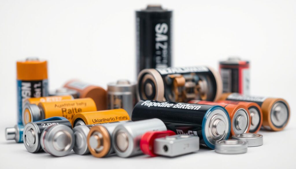 A detailed macro photograph of various battery types, showcasing their unique sizes, shapes, and terminal designs. The foreground features a diverse array of alkaline, lithium-ion, and button cell batteries, meticulously captured with precise focus and lighting to highlight their intricate textures and materials. The middle ground showcases the internal components of a disassembled battery, revealing the complex engineering behind its construction. The background maintains a subtle, clean, and neutral tone, allowing the battery specimens to be the central focus. The overall composition conveys a sense of technical precision and the factors that contribute to the longevity and durability of batteries.