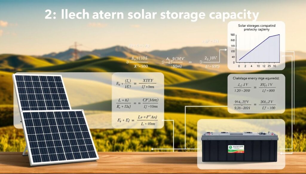 A detailed, technical diagram showcasing the calculation of energy storage capacity for a solar power system. The foreground features a solar panel array and a battery bank, with clear schematics and labels illustrating the key components and their interconnections. The middle ground includes charts, graphs, and mathematical equations demonstrating the formulas and variables used to determine the optimal storage requirements based on factors like solar irradiance, system efficiency, and energy demand. The background depicts a serene, natural landscape with rolling hills and a clear sky, creating a sense of environmental harmony. The lighting is crisp and evenly distributed, with a subtle warm tone that enhances the technical details. The overall mood is one of informative clarity, guiding the viewer through the process of evaluating their solar energy storage needs.