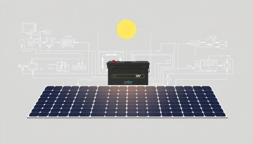 A detailed technical diagram showcasing the key components of a solar panel and battery power system. A central solar panel array takes up the foreground, its sleek black panels angled precisely to capture the most sunlight. In the middle ground, a large 12V battery bank stands ready to store the generated power. Surrounding the setup, intricate schematics and diagrams illustrate the electrical wiring and flow of energy, with clean vector graphics and clear labeling of crucial system elements like charge controllers, inverters, and power output ports. The overall mood is one of functional elegance, highlighting the technical precision required to plan and build an efficient off-grid solar power solution.