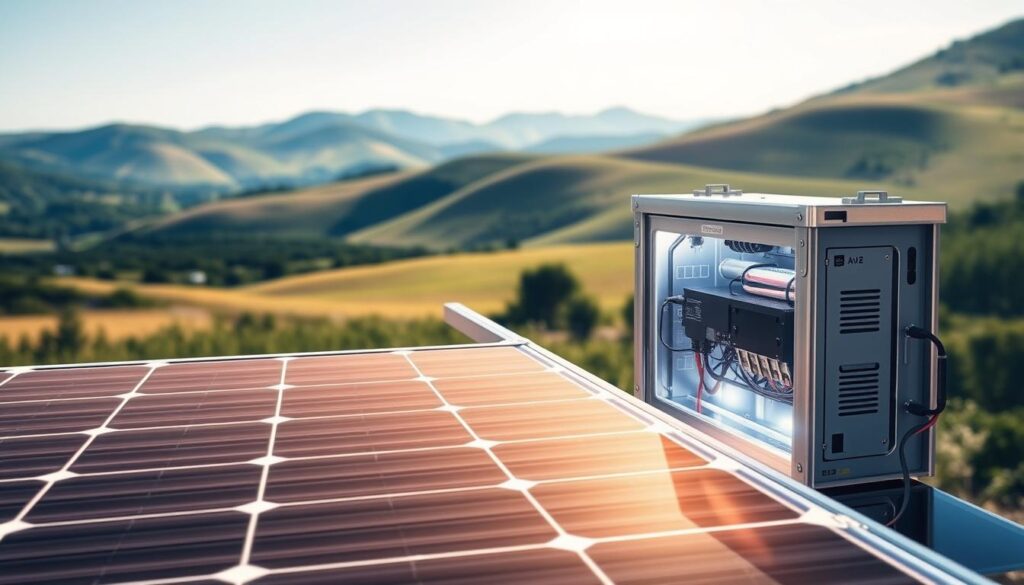 A detailed, technical illustration of a solar battery system in action. The foreground depicts a solar panel collecting sunlight, its surface glowing with a warm, golden hue. In the middle ground, the energy is being stored in a sleek, modern battery unit, its casing a metallic silver with intricate circuitry visible. The background showcases a serene, natural landscape, with rolling hills and a clear, blue sky, emphasizing the renewable, sustainable nature of the system. The lighting is crisp and directional, casting subtle shadows and highlights to accentuate the mechanical components. The overall scene conveys a sense of efficiency, power, and environmental harmony.