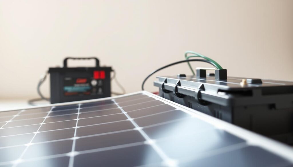 A meticulously rendered solar panel connection sequence, showcasing a 12V battery setup. In the foreground, a detailed close-up of the solar panel terminals and wiring, illuminated by soft, diffused natural lighting. The middle ground features the battery bank, its connections and charge controller, all captured in sharp focus. The background gently fades into a minimalist, studio-style setting, allowing the technical components to take center stage. The overall scene conveys a sense of precision, functionality, and technical expertise, perfectly suited to illustrate the "branchement panneau solaire sur batterie 12v" section.