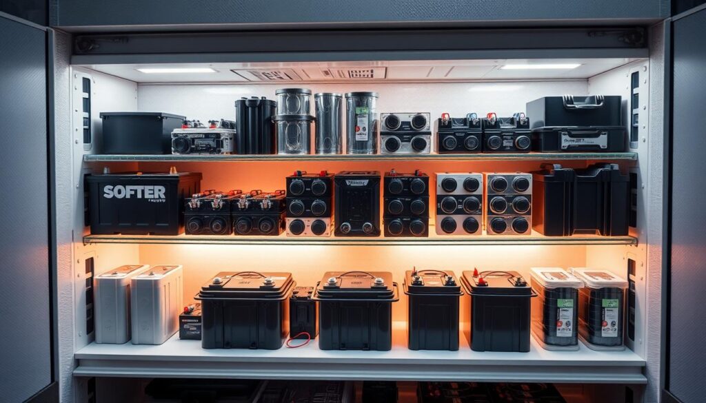 A neatly organized battery storage unit with various sizes and shapes of batteries arranged in a visually appealing manner. The batteries are illuminated by soft, indirect lighting creating a warm, inviting atmosphere. The background features a clean, minimalist design with subtle textures, hinting at the technical nature of battery storage. The image conveys a sense of order, efficiency, and care taken in preserving the batteries for optimal performance and longevity.