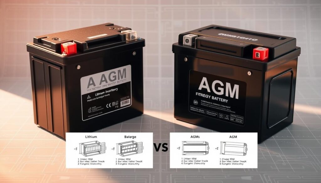 A side-by-side comparison of lithium and AGM battery technologies, illuminated by warm, natural lighting. In the foreground, a lithium-ion battery pack and an AGM battery are prominently displayed, their distinct designs and materials clearly visible. In the middle ground, technical diagrams and schematics illustrate the key differences in their internal structures, charge capacities, and discharge characteristics. The background features a subtle, technical blueprint-like grid, emphasizing the engineering and scientific nature of the comparison. The overall composition conveys a sense of balanced, objective analysis, inviting the viewer to closely examine the nuances between these two popular energy storage solutions.