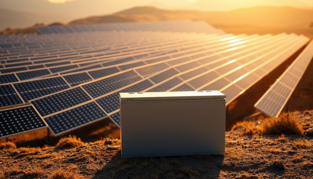A vast solar panel array cascades across a rolling landscape, its shimmering photovoltaic cells capturing the sun's energy. In the foreground, a sleek lithium-ion battery bank stands ready, its clean lines and modern design a testament to the power and efficiency of solar energy storage. Warm, diffused lighting bathes the scene, casting long shadows and creating a sense of depth and atmosphere. The overall impression is one of clean, renewable power, seamlessly integrated into the natural environment. This image perfectly encapsulates the advantages of a lithium-ion solar battery system: its renewable, sustainable energy source, its compact and elegant design, and its ability to harness the sun's abundant power for a wide range of applications.