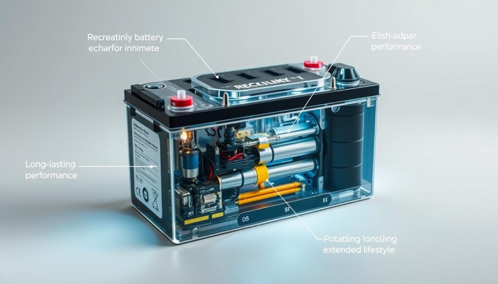 A well-lit, detailed close-up shot of a recreational vehicle battery with a cutaway view, showcasing its internal components and construction. The battery appears to be of a modern lithium-ion or AGM design, with clear labeling and annotations highlighting key features that contribute to its optimization for long-lasting performance and extended lifespan. The image has a technical, educational feel, with a clean, neutral background that allows the battery to take center stage. Subtle lighting and angles emphasize the battery's sleek, high-tech aesthetic and engineering, conveying a sense of reliability and innovation.