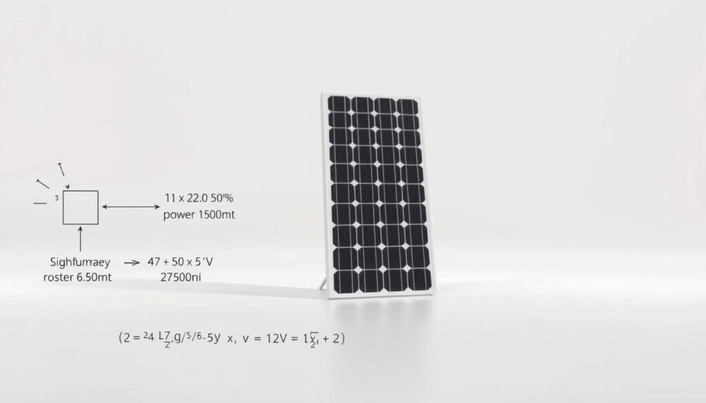 A well-lit, technically accurate diagram depicting the step-by-step method for calculating the power output of a 12V solar panel. The foreground shows a clean, technical illustration of the key components and formulas, with clear labeling. The middle ground features a 3D render of a 12V solar panel, showcasing its physical details. The background provides a soft, gradient-based environment that highlights the technical nature of the subject matter. The overall mood is one of informative precision, guiding the viewer through the nuances of solar power calculations for a 12V system.