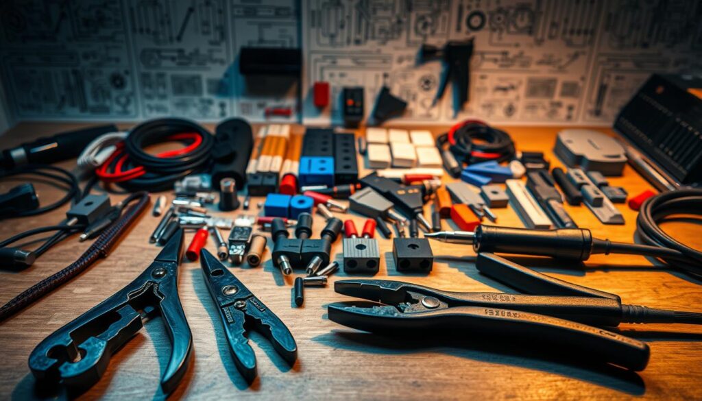 A well-organized workbench with an assortment of professional tools for wiring and connecting batteries. In the foreground, a set of wire strippers, crimping pliers, and soldering iron lie neatly arranged. In the middle ground, various connectors, terminals, and cable management accessories are displayed. The background showcases a backdrop of technical schematics and diagrams, creating a precise, engineering-focused atmosphere. Warm, directional lighting illuminates the scene, highlighting the intricate details of the tools and materials. The overall composition conveys a sense of meticulousness and expertise required for the delicate task of battery wiring.