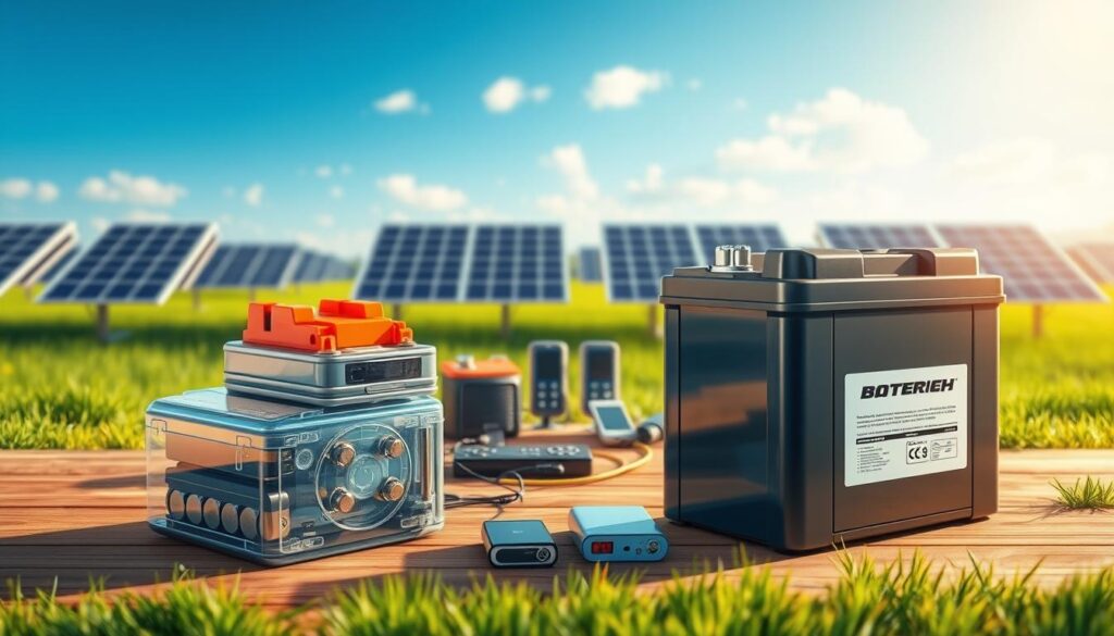 Comparatif batteries solaires: a detailed illustration showcasing the key features and differences between solar and rechargeable batteries. In the foreground, two distinct battery types sit side-by-side, their unique designs and components clearly visible under warm, natural lighting. The middle ground features a selection of common household electronic devices, highlighting the versatility and compatibility of these power sources. The background depicts a tranquil solar panel array, hinting at the renewable energy foundations of solar batteries. The overall scene conveys a sense of technical precision, environmental consciousness, and practical utility, suitable for an informative article on choosing the right battery technology.