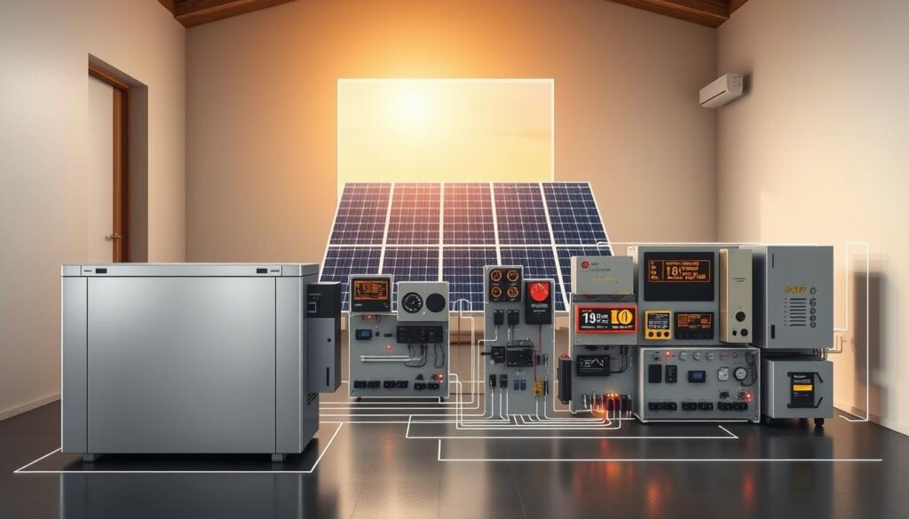Detailed schematic diagram of a residential solar battery configuration. Prominent in the foreground, a high-capacity lithium-ion battery bank, its sleek metallic casing reflecting the warm glow of concealed interior LEDs. Surrounding it, an array of state-of-the-art power management components - inverters, charge controllers, and monitoring systems - neatly arranged on an organized control panel. In the middle ground, pristine solar panels tilted at an optimal angle, harnessing the sun's energy with precision. The background features a serene, minimalist interior, emphasizing the integrated, seamless nature of this solar energy storage solution. Crisp, high-contrast lighting accentuates the technical details, conveying a sense of efficiency and reliability essential for the optimal dimensioning of a residential solar battery system.