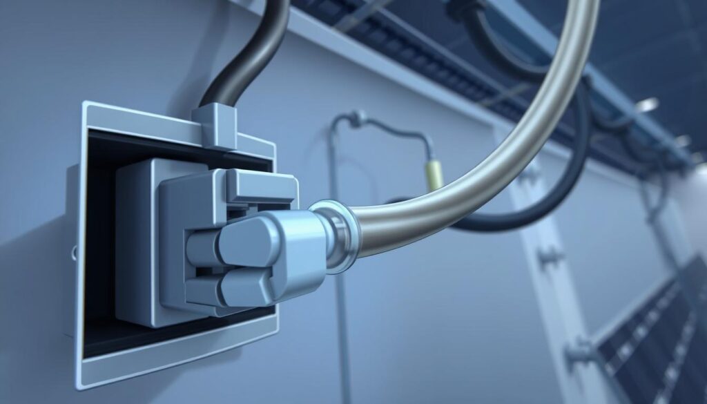 Detailed technical illustration of a secure electrical connection. Foreground depicts a close-up view of a junction box with wires neatly connected, insulated, and protected. Midground shows the electrical components and hardware, with precise angles and proportions. Background features a clean, neutral environment with subtle lighting, conveying a sense of order and reliability. The overall scene communicates professionalism, safety, and attention to detail - qualities essential for a reliable solar panel installation.