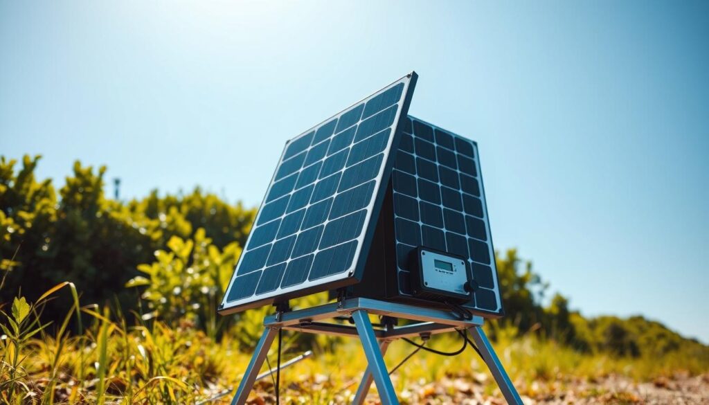 Portable off-grid energy installation, featuring a compact solar panel array mounted on a sturdy metal frame. The setup is positioned in a natural outdoor setting, with lush greenery and a clear blue sky in the background. Sunlight casts warm, diffused illumination across the scene, highlighting the sleek, modern design of the solar components. The installation appears versatile and adaptable, ready to power remote devices or small home systems. A sense of self-sufficiency and environmental harmony pervades the scene, showcasing the practicality and flexibility of this nomadic energy solution.