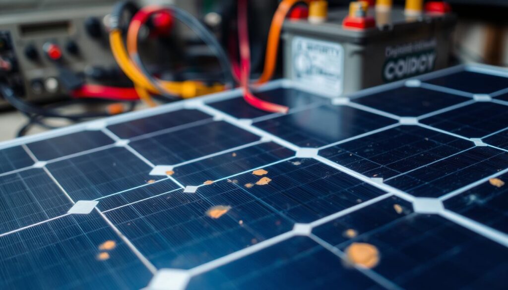A close-up view of a solar panel with visible issues, such as discoloration, hot spots, or other signs of malfunction. The panel is set against a blurred background of technical equipment, wires, and a battery. The lighting is slightly dimmed, creating a sense of concern and troubleshooting. The image conveys the idea of diagnosing and resolving problems with solar panel charging, as the focus is on the panel itself and the associated components. The overall mood is one of technical investigation and problem-solving.