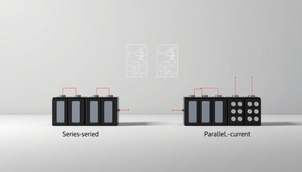 A detailed comparison of series and parallel battery connections, showcased in a sleek, technical illustration. The foreground depicts a side-by-side layout of two battery packs, one in series and one in parallel, with clear visual indicators highlighting the differences in voltage and current. The middle ground features schematic diagrams and explanatory labels, guiding the viewer's understanding. The background is a minimalist, grey-toned environment, lending a sense of precision and professionalism. Lighting is soft and directional, casting subtle shadows to accentuate the three-dimensional forms. The overall tone is one of educational clarity, inviting the viewer to grasp the fundamental principles of these crucial battery configurations.
