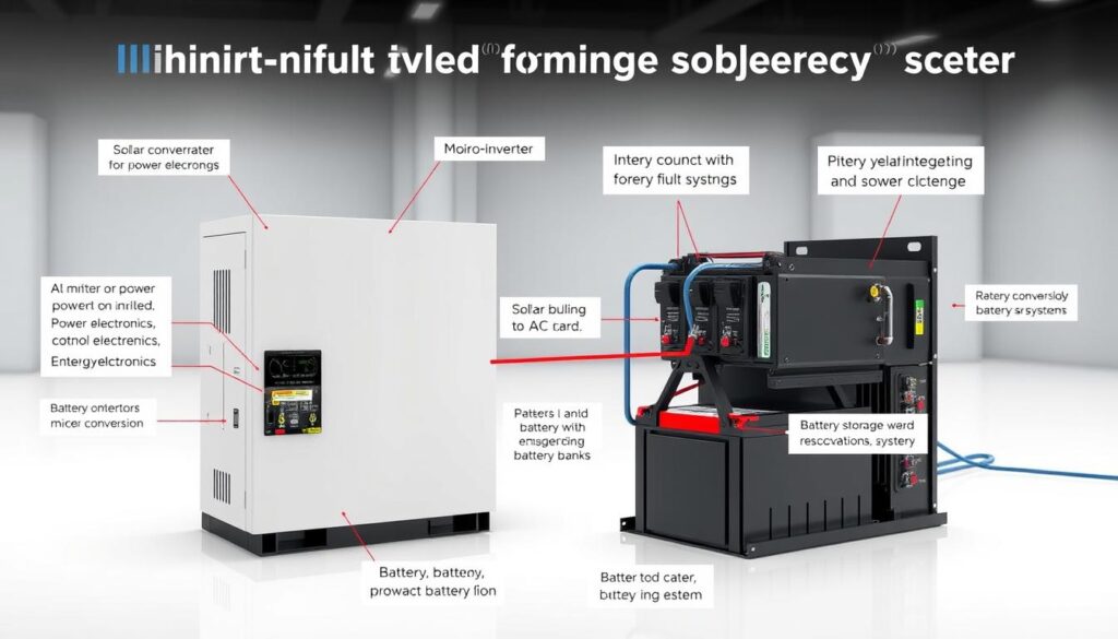 A detailed schematic diagram of a micro-inverter and battery storage system, showcasing the coupling of AC power and energy conversion. The foreground features a micro-inverter unit with clear labels and callouts highlighting its key components, such as the power converter, control electronics, and connections to the AC grid and battery bank. The middle ground depicts the battery storage system, with a battery pack and associated power electronics, illustrating the integration of the two subsystems. The background shows a clean, technical environment with a sense of depth, emphasizing the complex engineering involved. The lighting is crisp and directional, accentuating the technical details, while the camera angle provides a balanced, informative perspective. The overall mood is one of precision, functionality, and the seamless integration of renewable energy technologies.
