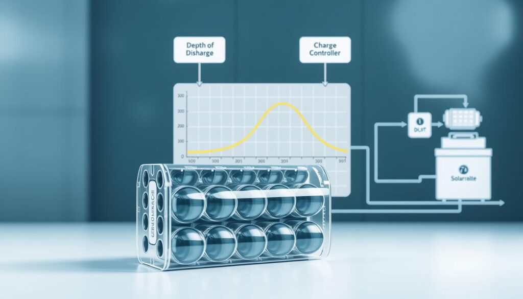 A detailed schematic illustration of the charge cycles of a solar battery system. In the foreground, a cross-section of a solar battery pack, showcasing the individual cells and their internal structure. The middle ground depicts the charge and discharge curves, with clear labels indicating the depth of discharge (DOD) and the number of charge cycles. In the background, a simplified diagram of the solar energy generation and storage system, including the solar panels, charge controller, and the battery bank. The overall lighting is clean and technical, with a cool color palette to convey the scientific nature of the subject matter.