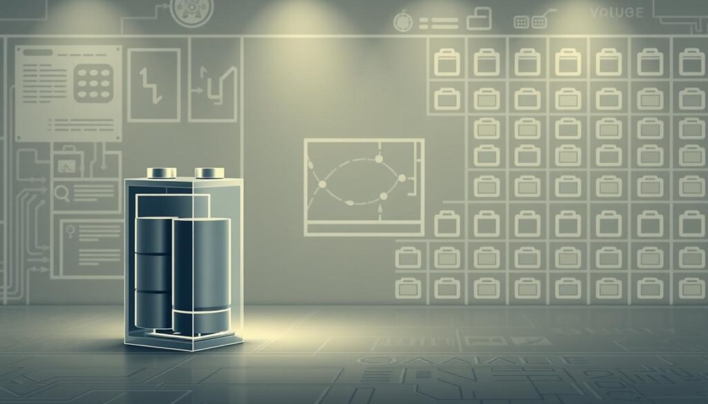 A detailed technical illustration showcasing the fundamental principles of battery tension and capacity. In the foreground, a cutaway diagram of a battery cell, revealing its internal structure and key components. The middle ground depicts a simplified circuit diagram, illustrating the relationship between voltage, current, and resistance. In the background, a grid of battery icons representing different sizes and chemistries, conveying the diversity of energy storage solutions. The scene is rendered with a muted, technical color palette, evocative of engineering schematics and scientific diagrams. Precise lighting from multiple angles highlights the intricate details and emphasizes the technical nature of the subject matter.