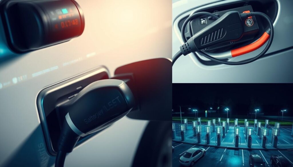 A detailed, well-lit image of various electric car battery charging methods, including a close-up of a plugged-in battery charger, an overhead view of a car battery being recharged using jumper cables, and a panoramic scene showcasing multiple charging stations in a parking lot. The image should convey a sense of technical precision and efficiency, with a clean, modern aesthetic that aligns with the subject matter. The lighting should be soft and directional, emphasizing the form and texture of the charging equipment. The composition should be balanced and visually striking, drawing the viewer's attention to the key elements of the charging process.
