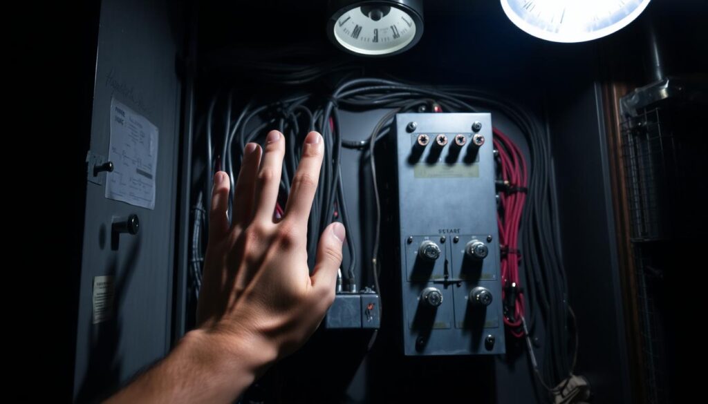 A dimly lit electrical panel, its exposed wires and terminals posing a clear danger. The panel's interior is shrouded in an ominous shadow, hinting at the potential for electrical shock or fire. In the foreground, a hand carelessly reaches towards the live components, ignorant of the risks. The scene is lit by a harsh, overhead light, casting harsh shadows and highlighting the hazardous environment. The overall mood is one of foreboding, emphasizing the need for caution and proper safety procedures when dealing with electrical systems.
