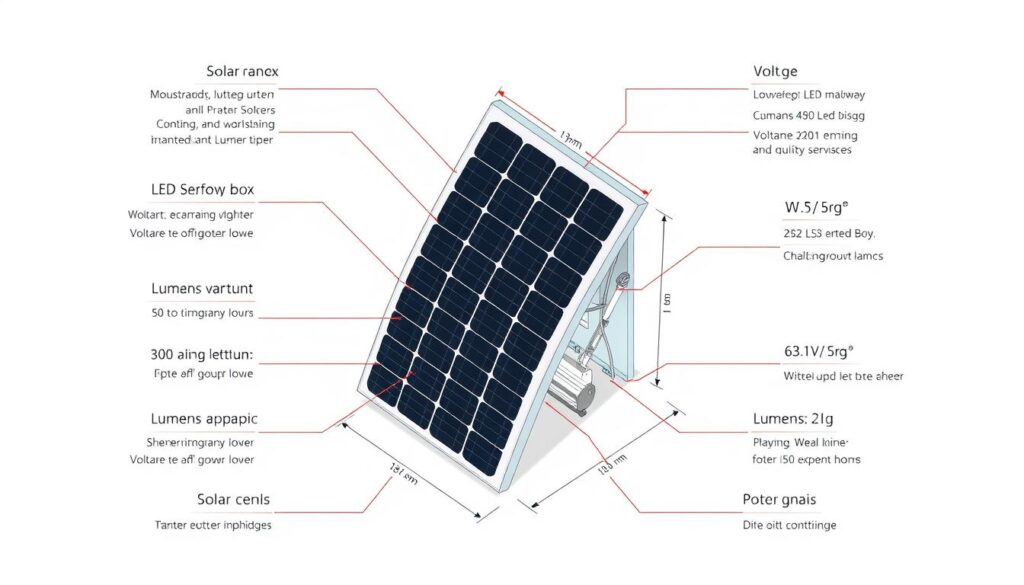 A high-quality technical diagram of a solar panel LED, showcasing its key features and specifications. The diagram is set against a clean, white background, allowing the technical details to take center stage. The panel is depicted in a precise, isometric view, revealing its internal components and dimensions. Prominent features include the solar cells, LED array, junction box, and mounting frame. Surrounding the diagram are precise technical callouts and measurements, conveying the panel's voltage, wattage, lumens, and other vital statistics. The overall tone is one of informative clarity, designed to educate and inform the viewer about the technical characteristics of this specialized solar-powered LED panel.