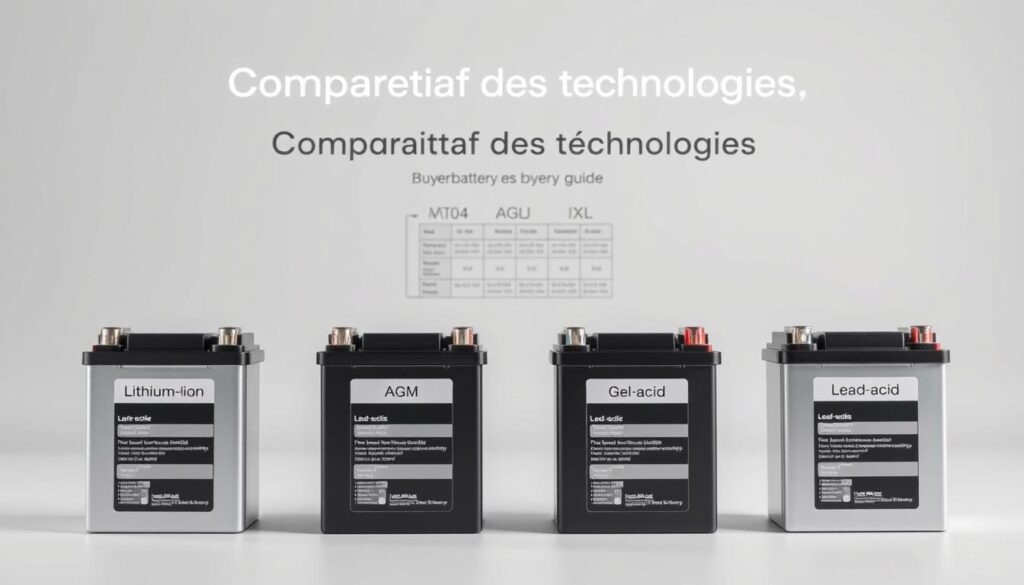 A high-quality, technically accurate comparison of different battery technologies, set against a sleek, minimalist background. In the foreground, four battery cells representing Lithium-ion, AGM, Gel, and Lead-acid, each with a clear visual distinction in their form and color. The middle ground features a subtle, technical diagram outlining the key properties and characteristics of each battery type. The background is a clean, neutral gradient, allowing the battery cells and diagram to take center stage. Lighting is soft and diffused, creating a sense of clarity and professionalism. The overall composition conveys a sense of technological sophistication and educational value, perfectly suited to illustrate the "Comparatif des technologies" section of the camping battery buyer's guide.
