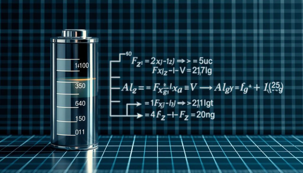 A highly detailed, photorealistic diagram showcasing the calculation of battery autonomy and power. In the foreground, a battery icon with precise numerical values for voltage, current, and power capacity. In the middle ground, a series of mathematical equations and formulas illustrating the relationship between these variables. The background features a crisp, technical grid pattern, with subtle lighting casting shadows to enhance the three-dimensional depth. The overall composition conveys a sense of scientific precision and engineering expertise, suitable for an article on battery capacity and autonomy.