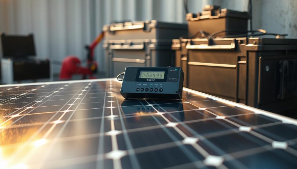 A meticulously detailed image showcasing the essential components of a solar power installation. In the foreground, a crisp, high-resolution view of a solar panel, its sleek, reflective surface catching the warm light of the sun. The middle ground features the solar charge controller, its display panel illuminated with readouts, seamlessly integrated into the overall system. In the background, a neatly organized array of batteries, their casing reflecting the sunlight, providing reliable energy storage. The scene is bathed in a soft, natural lighting, conveying a sense of efficiency and professionalism. The overall composition is clean, well-balanced, and visually appealing, highlighting the key elements of a solar power setup.