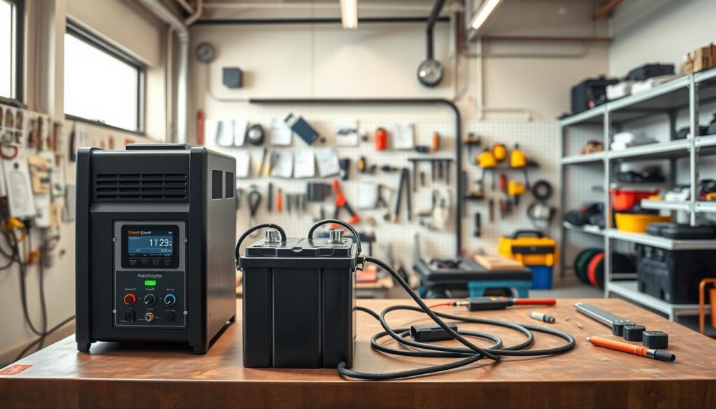 A secure battery recharging station set against a clean, well-lit industrial backdrop. In the foreground, a modern 12V battery sits atop a sturdy workbench, its terminals connected to a high-quality charging unit via heavy-duty cables. The charging unit's display shows the charging status and percentage. In the middle ground, various tools and accessories are neatly organized, conveying a sense of precision and safety. The background features a wall of technical manuals, shelves of replacement parts, and a large window allowing natural light to flood the space, creating a bright, professional atmosphere. The overall scene suggests a dedicated, controlled environment for reliable and efficient battery recharging.