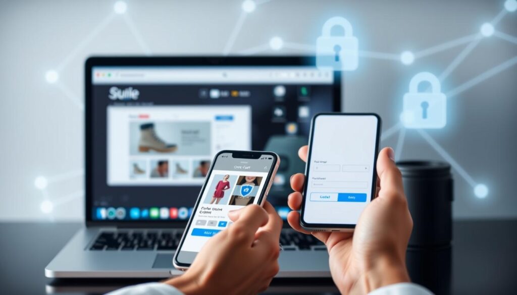 A secure online ordering process with a clean, modern interface. The foreground features a customer's hand using a smartphone to navigate a sleek e-commerce platform, with product images and Add to Cart buttons clearly displayed. The middle ground shows a laptop screen mirroring the mobile view, highlighting the seamless cross-device experience. In the background, abstract geometric shapes and lines evoke a sense of digital security, with a subtle glowing effect to convey the encrypted nature of the transaction. Soft, cool-toned lighting creates a calming, trustworthy atmosphere. The composition emphasizes the convenience and safety of the online shopping journey.