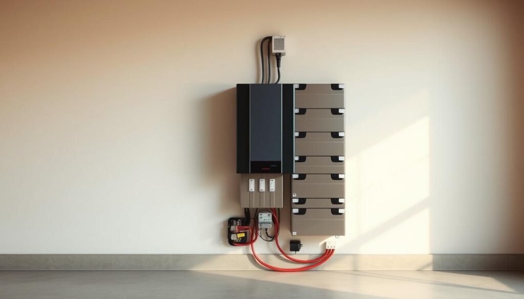 A sleek, modern installation of a micro-inverter battery system, set against a clean, minimalist backdrop. The micro-inverter, mounted on a wall, is surrounded by a bank of energy storage batteries, their metallic casings gleaming under warm, diffused lighting. The overall composition emphasizes the technical elegance and seamless integration of this renewable energy solution, highlighting its potential to power a home or small commercial space. The scene conveys a sense of efficiency, reliability, and environmental consciousness, inviting the viewer to consider the practical applications of this technology.