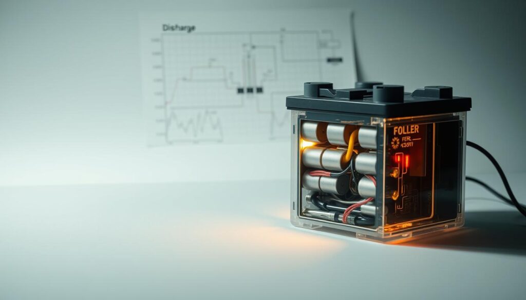 A solar battery discharging quickly, its internal workings exposed. In the foreground, a detailed cutaway view reveals the battery cells, circuitry, and connections. The middle ground shows various factors influencing discharge - ambient temperature, heavy usage, faulty components. In the background, a schematic diagram highlights voltage, current, and capacity metrics. Soft, muted lighting casts shadows and highlights the technical complexity. The overall tone is one of analytical scrutiny, inviting the viewer to understand the causes behind rapid battery depletion.