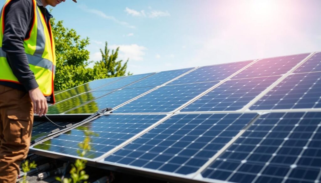 A solar panel installation on a residential rooftop, meticulously optimized for maximum efficiency. The sleek, modern panels are strategically angled to capture the sun's rays at the optimal angle, with subtle adjustments made to their positioning. In the foreground, a technician in a safety vest inspects the wiring and connections, ensuring the system is running at peak performance. The background features a lush, verdant landscape, with a clear blue sky overhead, evoking a sense of sustainability and environmental harmony. The lighting is natural, with the sun casting warm, golden hues across the scene, emphasizing the clean, renewable energy being harnessed. The overall atmosphere conveys a sense of technical proficiency, environmental consciousness, and a commitment to optimizing the solar installation for reliable, long-term energy generation.