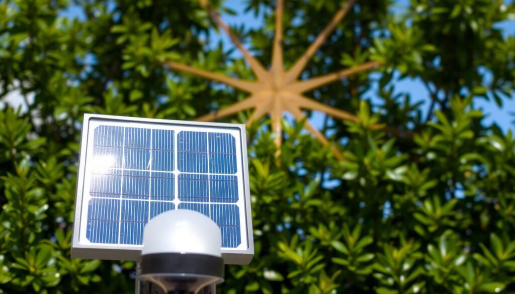 A sun-drenched solar panel gleams against a backdrop of lush greenery, casting a warm glow over a sleek, modern LED light fixture. The panel's crystalline surface reflects the brilliant sky, while its compact, streamlined design hints at its versatility for both indoor and outdoor applications. In the foreground, the LED light casts a soft, diffused illumination, highlighting the energy-efficient advantages of solar power. The scene exudes a sense of environmental sustainability and clean, renewable energy, perfectly encapsulating the benefits of a mini solar panel for LED lighting.