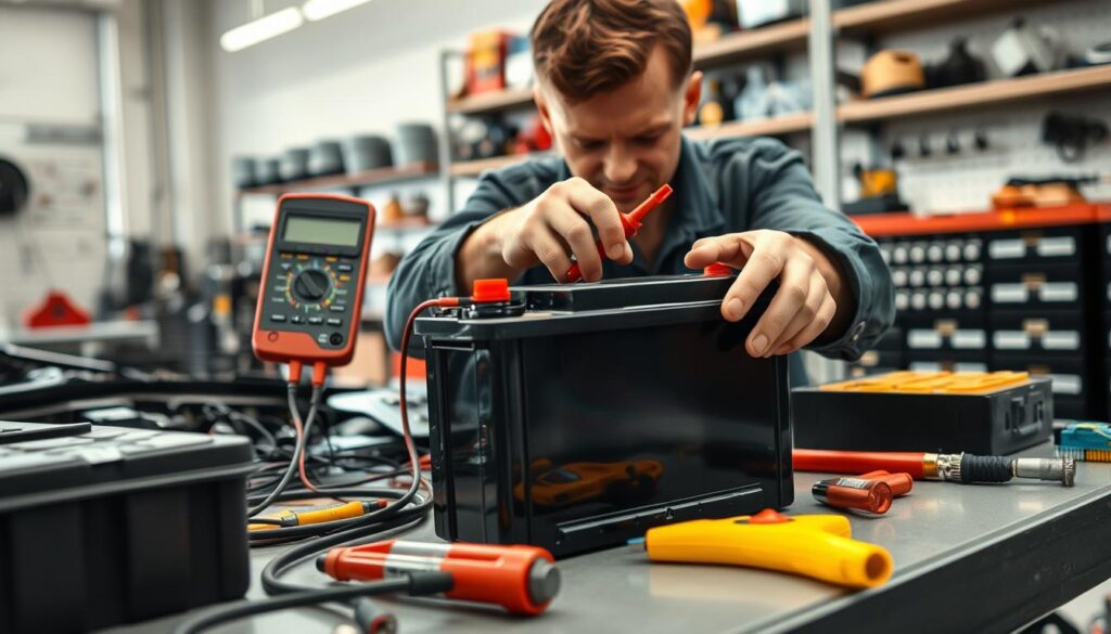 A well-lit, detailed image of a car battery being inspected and serviced by a mechanic. The mechanic is using a multimeter to test the battery's voltage and charge level, with various tools and equipment surrounding them on a clean, organized workbench. The battery is positioned prominently in the foreground, with the mechanic's hands and face visible, conveying a sense of care and attention to the task at hand. The background features a neatly organized automotive workshop, with shelves of parts and tools visible, creating an atmosphere of professionalism and expertise. The lighting is natural and even, highlighting the intricate details of the battery and the mechanic's actions. Overall, the image should convey the importance of regular battery maintenance and inspections for the longevity and performance of a vehicle.