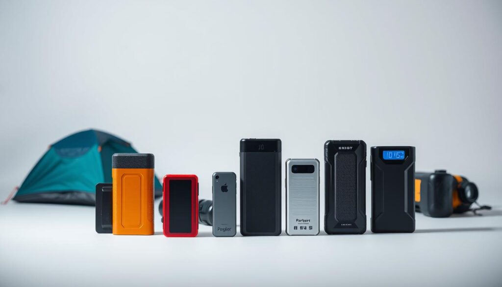 A well-lit, detailed scene depicting various portable power bank options against a clean, minimalist background. The foreground features a selection of diverse power banks in different sizes, shapes, and colors, showcasing their key technical specifications such as capacity, output, and compatible devices. The middle ground includes a few camping gear items like a tent, sleeping bag, and flashlight to establish the outdoor context. The background is a simple, evenly-lit space with a subtle gradient or plain color that allows the power banks to stand out. The overall mood is professional, informative, and visually appealing, capturing the essence of choosing the right portable battery for camping needs.