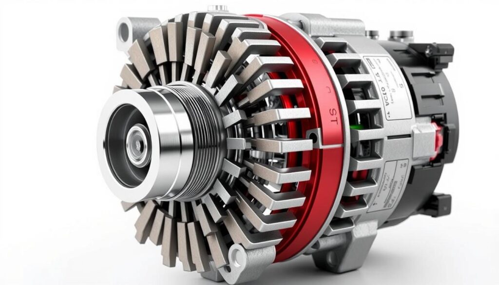 Detailed cutaway view of a car alternator mechanism, showcasing its inner workings and components. Crisp, high-resolution rendering with precise engineering-style diagrams and labels. Prominently display the rotating rotor, stator windings, and voltage regulator to illustrate the alternator's function of converting the engine's mechanical energy into electrical current to charge the battery and power the vehicle's electrical systems. Depict the alternator in a clean, well-lit environment with a neutral background, emphasizing the technical details and operation.