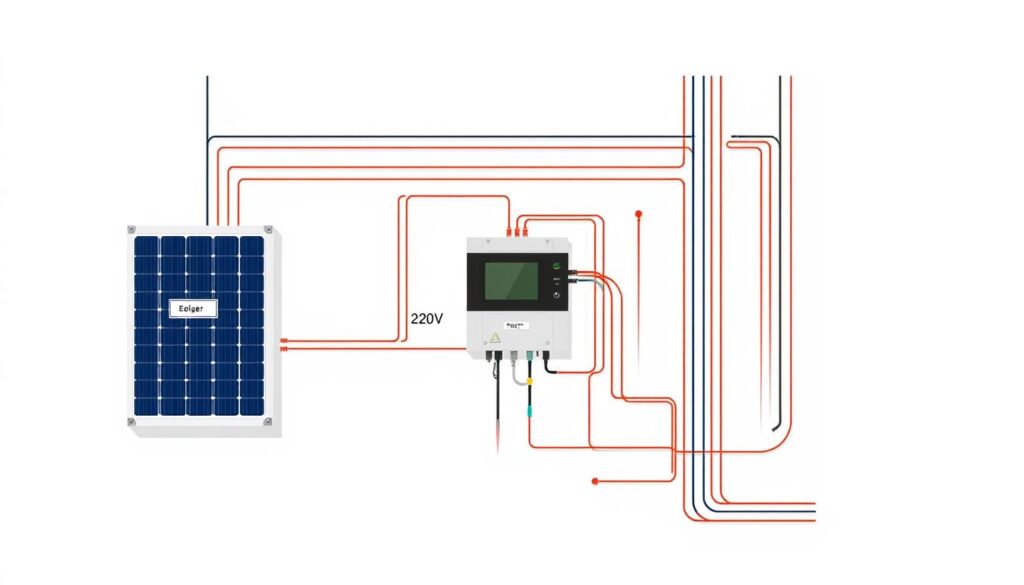 High-quality schematic diagram of an electrical wiring installation, showcasing the layout and connections of a solar panel converter to a 220V system. The diagram should have a clean, technical aesthetic with clear, labeled components in a neutral color palette. The foreground should feature the main components like the solar panel converter, electrical panel, and wiring. The middle ground should depict the interconnections and routing of the wiring. The background should provide context with a minimal, architectural setting. Bright, evenly-distributed lighting should highlight the technical details. The overall composition should convey a sense of order, precision, and functional elegance suitable for a installation guide.