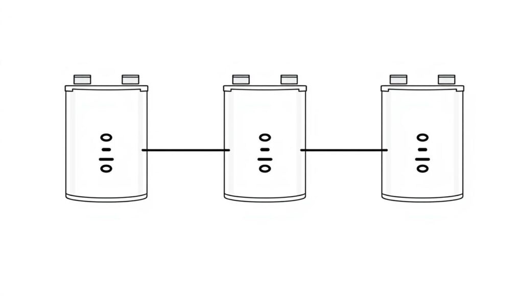 Schematic diagram of a series connection of three batteries, showcasing the flow of electrical current and voltage distribution. Capture a clean, technical illustration with a minimalist design aesthetic, using a white background to accentuate the key components. Depict the batteries with realistic dimensions and precise details, ensuring the wiring connections are clearly visible. Maintain a balanced, symmetrical composition that emphasizes the simplicity and functionality of the series circuit. Incorporate subtle shadows and highlights to create a sense of depth and dimensionality, without distracting from the core subject matter. The overall tone should convey a sense of engineering precision and educational clarity, suitable for inclusion in a technical article.