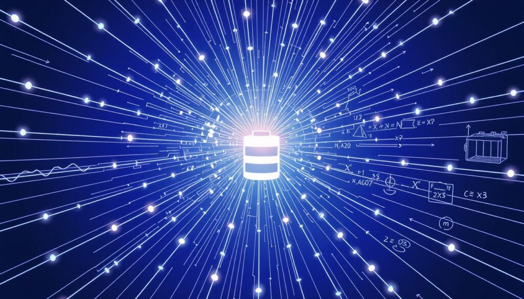 Tension, puissance et conversion d'énergie: une illustration dynamique. Un champ électromagnétique pulsant illumine le centre, captant l'énergie d'un courant électrique. Des lignes de force rayonnent dans toutes les directions, transmettant la tension et la puissance à travers un réseau de connexions. Au premier plan, un accumulateur lithium-ion décharge son énergie, tandis qu'en arrière-plan, des symboles mathématiques et des diagrammes techniques suggèrent les calculs complexes impliqués dans la gestion de l'énergie. La composition use de tons bleus et violets contrastés pour créer une atmosphère de science et de technologie de pointe.