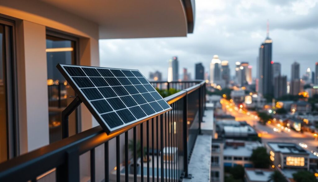 A balcony with a sleek, low-profile solar panel installation. The panel is mounted discreetly on the railing, blending seamlessly with the modern architecture. Soft, warm lighting illuminates the scene, highlighting the panel's efficient design. The balcony offers a picturesque view of a city skyline, emphasizing the panel's ability to generate renewable energy in an urban setting. The overall composition conveys a sense of harmony between technology and natural environments, showcasing the panel's unobtrusive and high-performing capabilities.