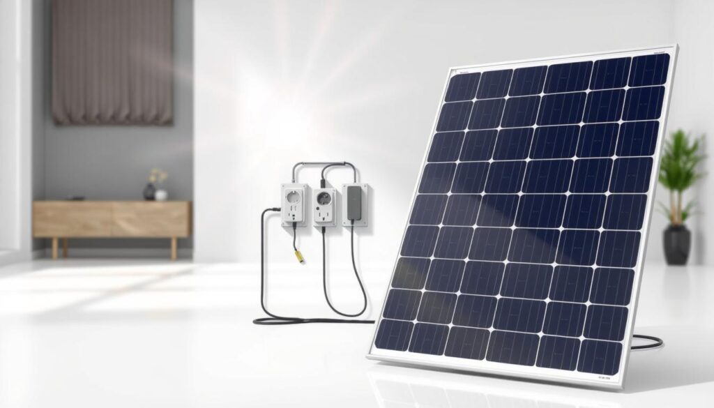 A detailed diagram of a solar panel system connected to a 220V power outlet. The panel is positioned in the foreground, capturing the sun's rays with a realistic metallic and glass construction. The middle ground showcases the electrical wiring and components, including an inverter, junction box, and power cables, all neatly arranged. The background features a clean, minimalist interior setting, emphasizing the integration of the solar technology into a modern home or office environment. The lighting is natural and diffused, creating a sense of balance and functionality. The overall scene conveys the efficient and practical nature of a solar panel system powering a standard 220V electrical outlet.