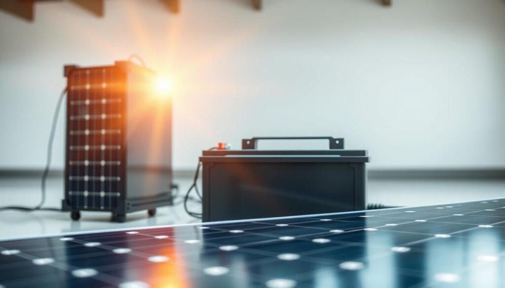 A detailed photograph showcasing the fundamentals of solar energy and battery capacities. In the foreground, a solar panel harnesses the sun's rays, its sleek surface reflecting the warm light. In the middle ground, a rechargeable battery pack stands ready to store the generated power. The background features a clean, minimalist setting, allowing the technical elements to take center stage. The lighting is natural and diffused, creating a sense of balance and harmony. The camera angle is slightly elevated, providing a comprehensive view of the setup. The overall mood is one of efficiency, innovation, and the seamless integration of renewable energy solutions.