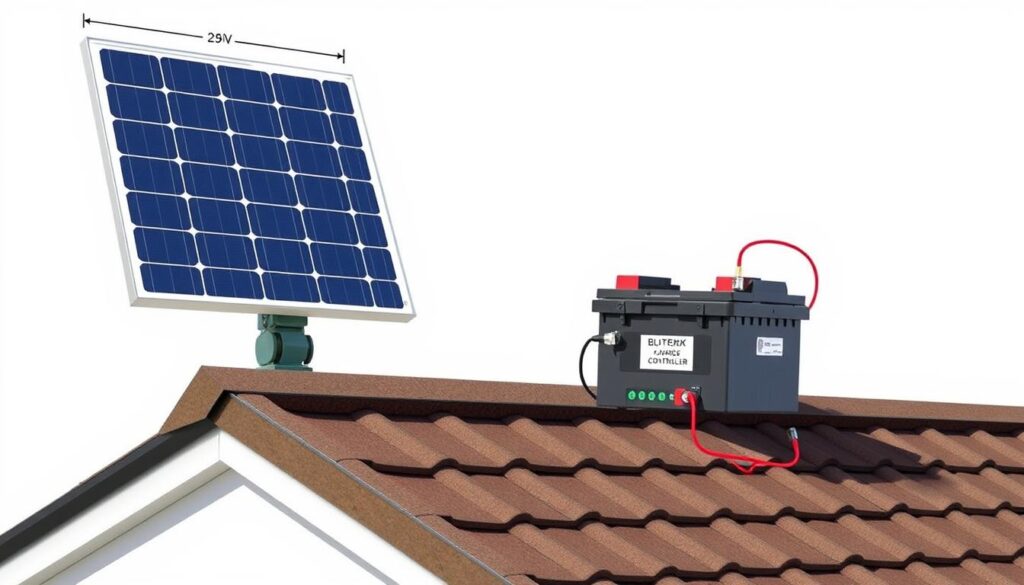 A detailed, technical illustration of a 12V solar power system installation. The foreground features a solar panel mounted on a roof, precisely capturing its dimensions and key components. The middle ground showcases the electrical system, including a charge controller, battery, and connections, all rendered with technical accuracy. The background presents a clear, uncluttered environment, allowing the core elements to stand out. The lighting is natural, with soft shadows and highlights emphasizing the three-dimensional aspects. The overall tone is informative and instructional, conveying the necessary technical details for dimensioning a 12V solar power setup.
