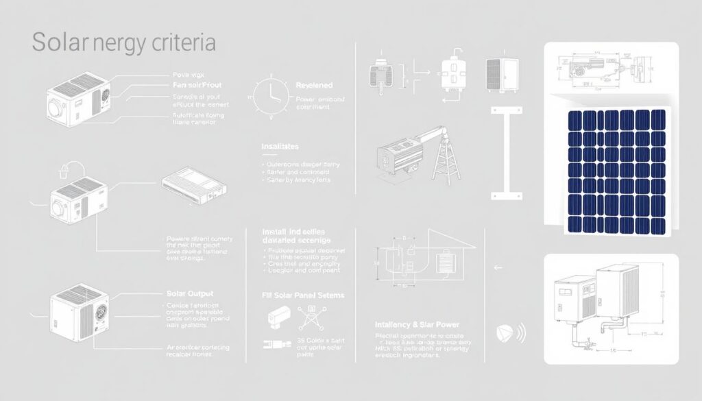 A detailed technical illustration of solar energy criteria, showcasing various components and specifications against a clean, minimalist background. The image should have a technical, engineering-inspired aesthetic, with precise diagrams and schematics demonstrating the key technical aspects of solar panel systems, such as power output, efficiency, dimensions, and installation requirements. Use a neutral color palette of greys, blues, and whites to convey a sense of professionalism and clarity. Incorporate 3D renderings or technical drawings to provide a comprehensive overview of the essential technical criteria for solar energy systems.