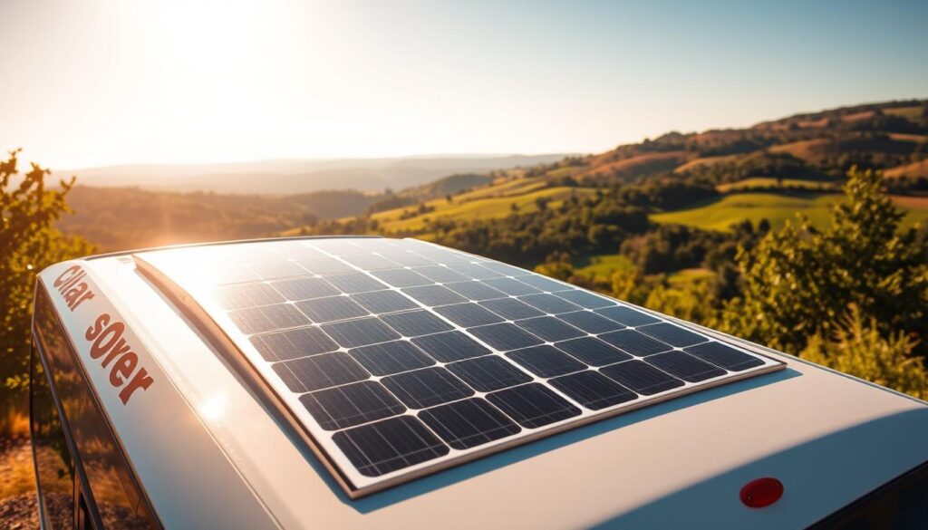 A picturesque solar-powered van nestled in a serene countryside, bathed in warm golden sunlight. In the foreground, a sleek panel on the van's roof gleams, casting a soft glow on the vehicle's sleek exterior. The middle ground reveals lush green foliage and rolling hills, creating a tranquil, nature-inspired backdrop. Farther in the distance, a clear blue sky stretches overhead, accentuating the van's off-grid, eco-friendly appeal. The composition conveys a sense of freedom, sustainability, and the joys of road-tripping with the advantage of renewable solar energy powering the van's amenities.