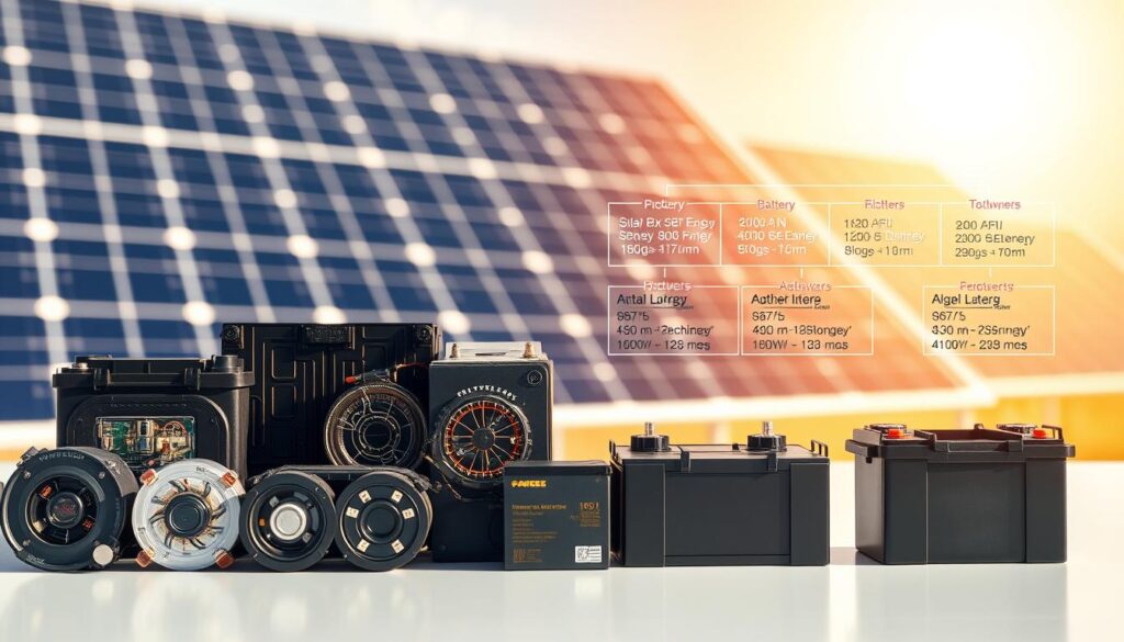 A side-by-side comparison of different battery technologies used in solar energy storage systems. In the foreground, a collection of battery cells and modules in various shapes and sizes, their intricate internal structures visible. In the middle ground, a solar panel array casts warm, golden light across the scene. In the background, a schematic diagram illustrates the technical specifications and performance metrics of each battery type. The lighting is crisp and evenly distributed, creating depth and emphasizing the technical nature of the subject. The overall composition is balanced and visually engaging, highlighting the key differences between battery technologies for solar energy storage.