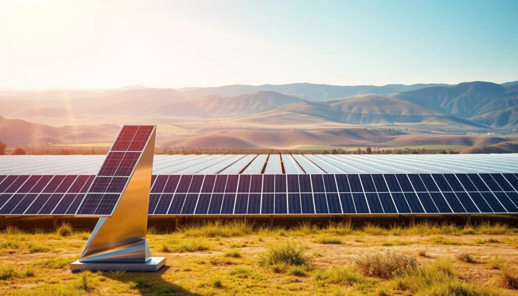 A sleek, modern solar power station stands in the foreground, its angular design and gleaming metallic surfaces reflecting the warm sunlight. The middle ground features an array of solar panels, each meticulously aligned to capture the sun's rays with maximum efficiency. In the background, a serene landscape unfolds, with rolling hills and a clear blue sky, creating a harmonious balance between technology and nature. The scene exudes a sense of innovation and sustainability, perfectly capturing the spirit of the "Sunology" and "Sunethic" products.