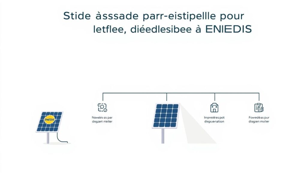 A step-by-step guide for the ENEDIS declaration, showcasing a clean, minimalist illustration. In the foreground, a simplified diagram of a household solar panel setup, with the ENEDIS logo prominently displayed. The middle ground features a step-by-step workflow, each step represented by a clear, well-labeled icon. The background is a soft, muted gradient, providing a calming, professional atmosphere. The lighting is natural, with a slight shadow effect to add depth. The composition is balanced, with ample negative space to make the key elements stand out. The overall tone is informative, practical, and visually appealing, perfectly suited to illustrate the "Guide étape par étape pour la déclaration à ENEDIS" section.